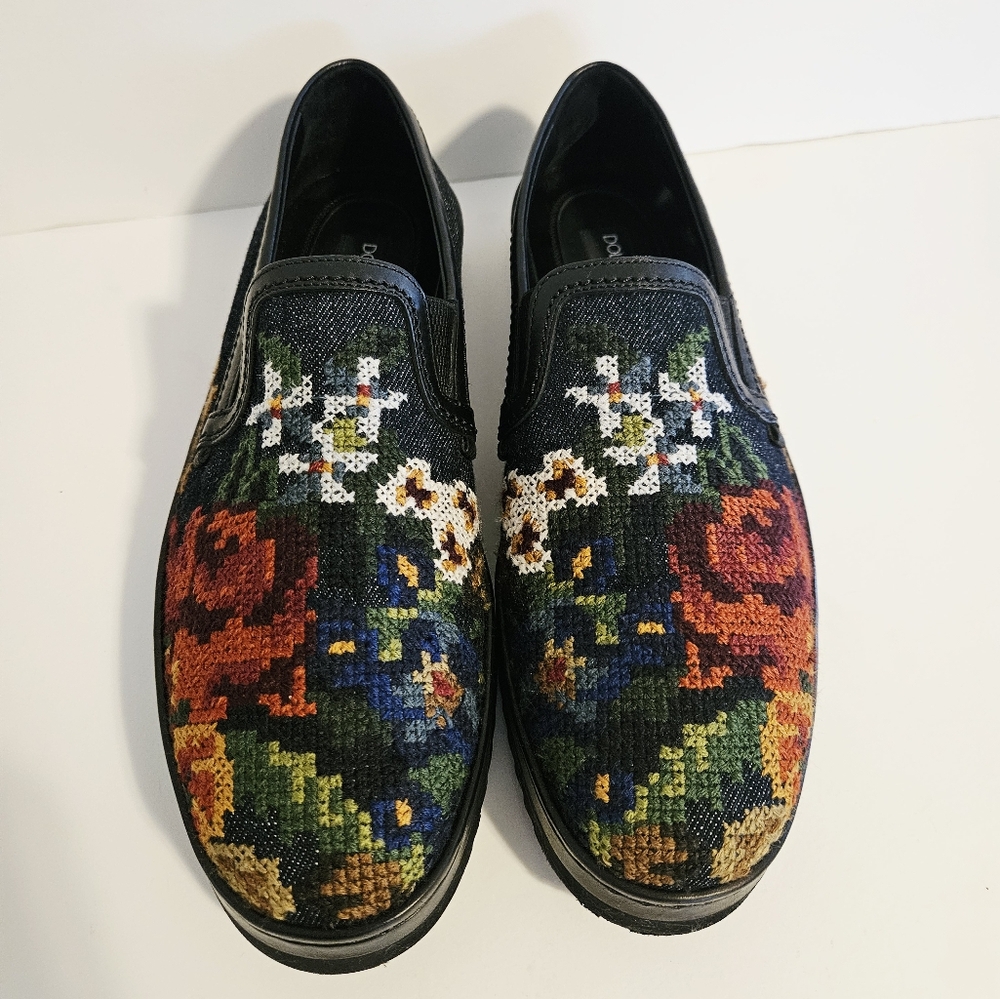 Dolce & Gabbana Wns Floral Navy Blue Denim/Leather Slip On Sz 6 Sneakers A50059 - Picture 4 of 11